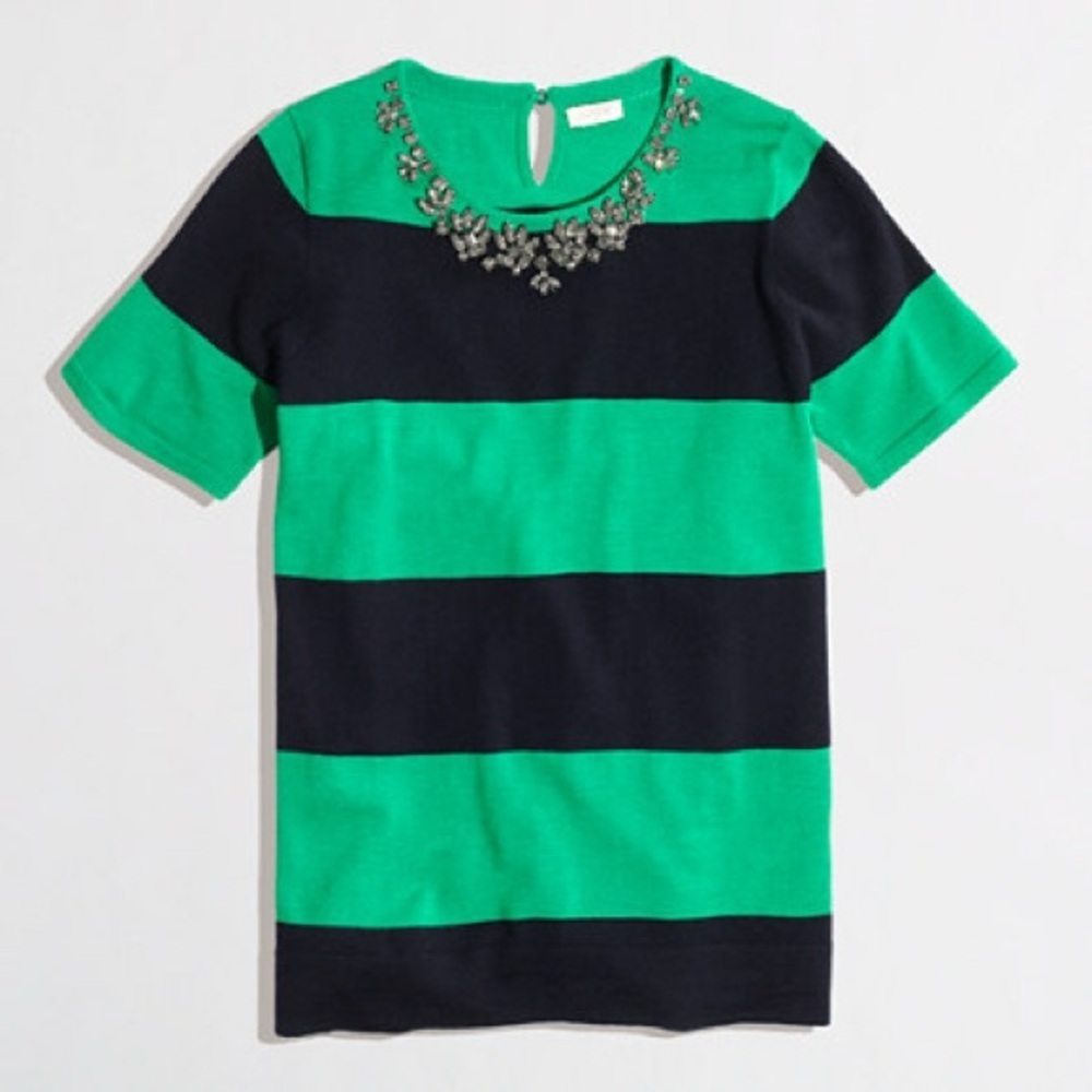 J.Crew Navy Blue and Green Stripe Bejeweled Merino Wool Short Sleeve Sweater, XS